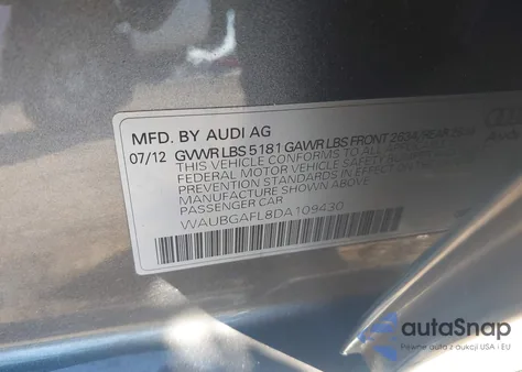 2013 Audi S4 3.0T Premium Plus z USA, uszkodzony, nr VIN WAUBGAFL8DA109430